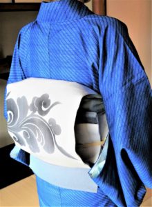 紬大島　バイアス縞　名古屋帯　瑞雲