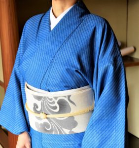 紬大島　バイアス縞　名古屋帯　瑞雲