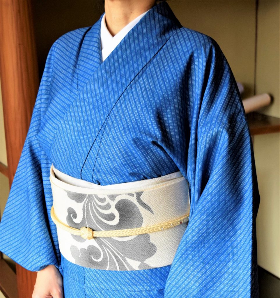紬大島　バイアス縞　名古屋帯　瑞雲