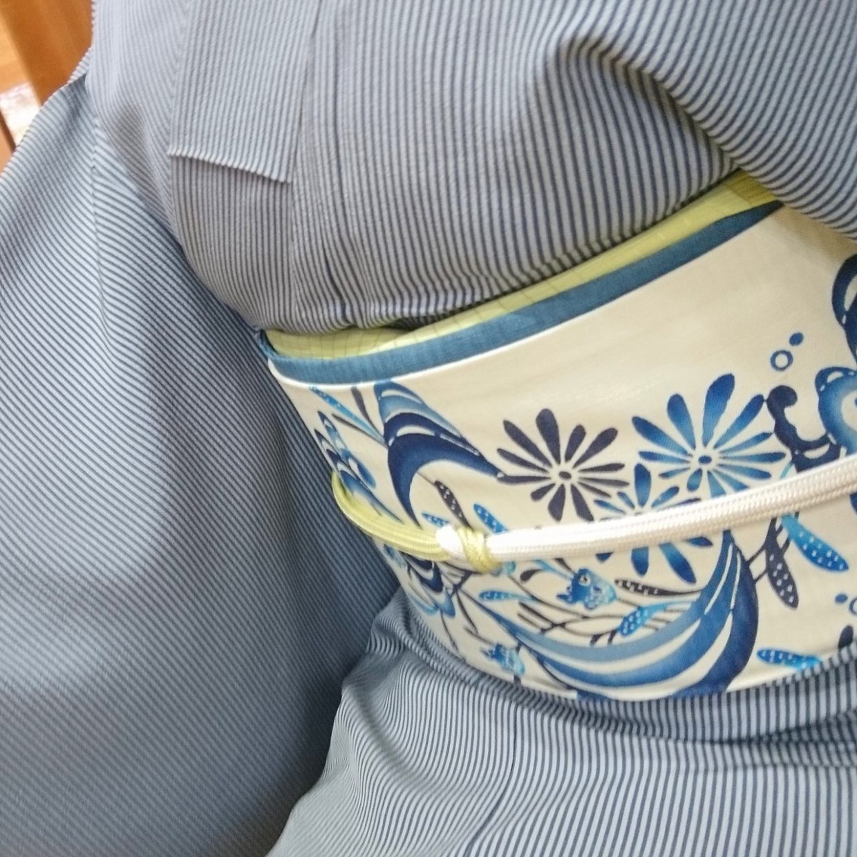 単衣　縞小紋　名古屋帯　藍型　城間栄順