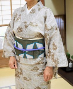 綿麻　よろけ縞に楓　夏帯　麻の葉