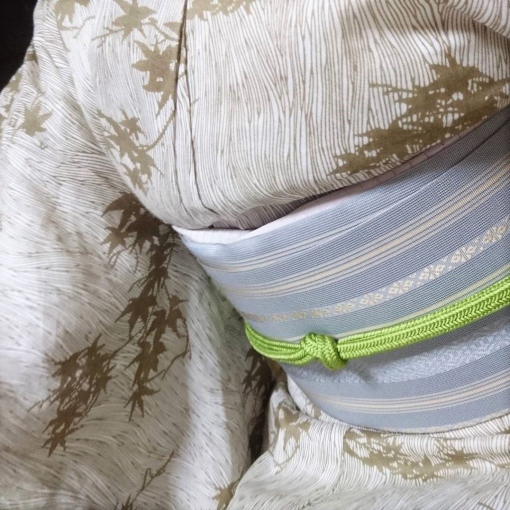 綿麻キモノ　よろけ縞に楓　博多　紗献上