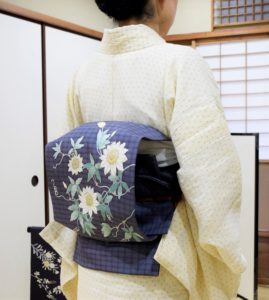 夏帯　時計草　小千谷縮　手織り