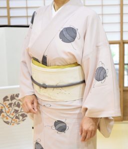 絽小物　鈴　夏帯　鳥獣戯画　モカ茶帯締め