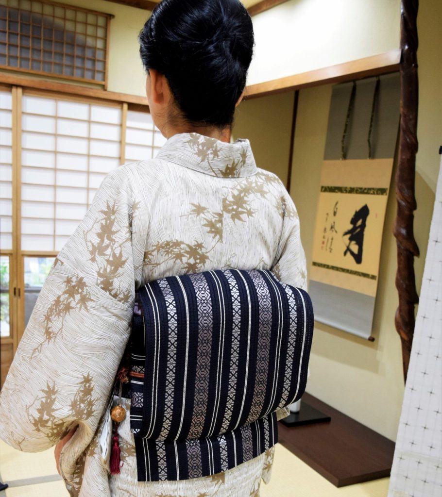 綿麻 よろけ縞に楓 夏帯 絽献上