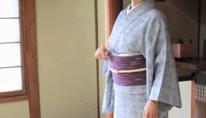 単衣 木版染め　葉　八寸帯　伊予紬　夢訪庵