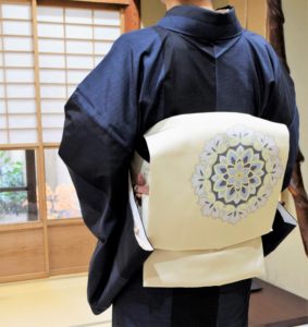 藍大島紬　二割　名古屋帯　華文