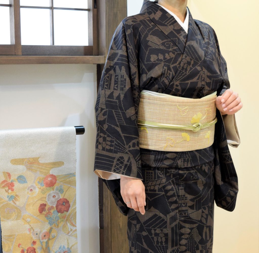 泥大島　絵絣　名古屋帯　銀杏　夢訪庵