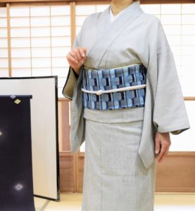 本場結城紬　正藍格子　手紡木綿　めがね織　多々納桂子作