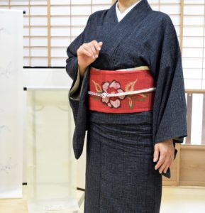 木綿　久留米絣　文人織　八寸名古屋帯　花