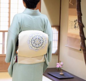 名古屋帯　華文　染替え　縞お召し