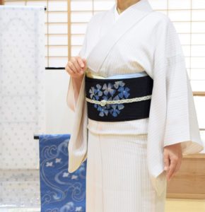 単衣小紋　矢羽縞　名古屋帯　紫陽花