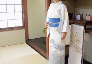 越後上布訪問着 磯辺文様　夏の袋帯　網干と千鳥