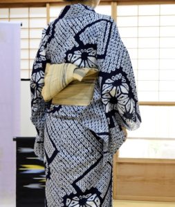 浴衣　有松絞り　麻の葉　芭蕉布　半巾帯