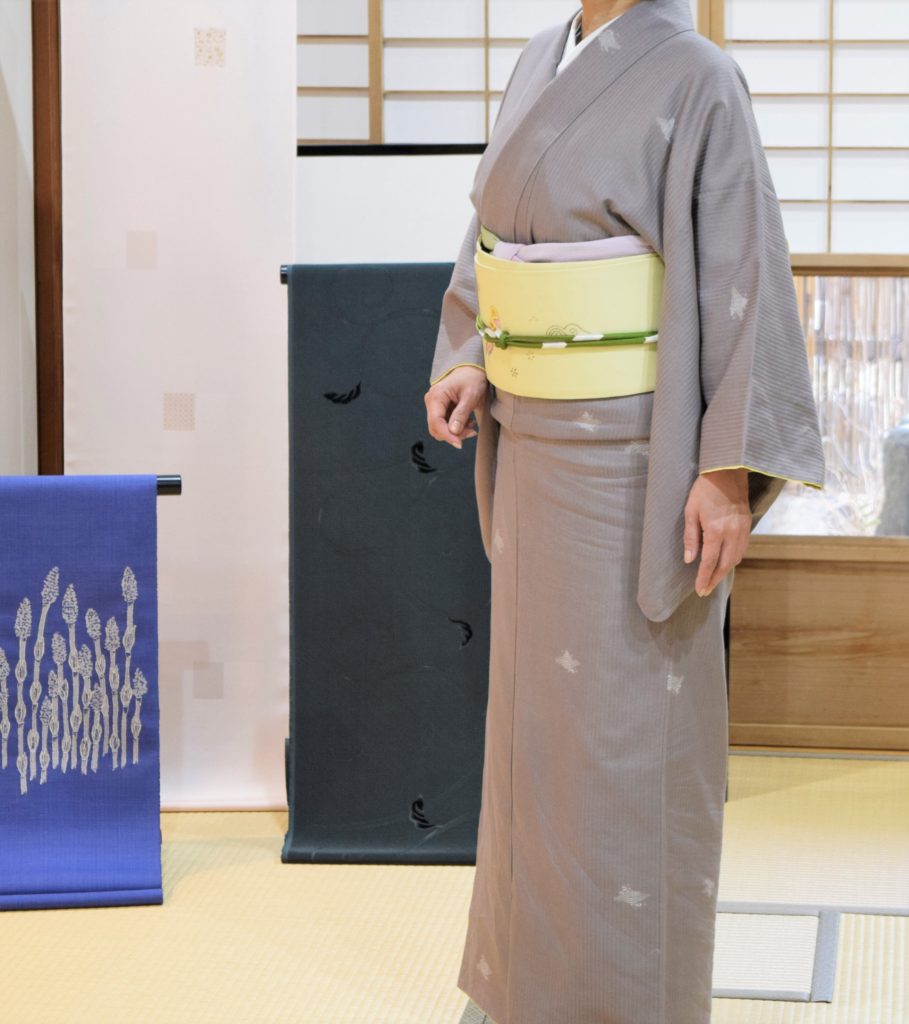 木綿 合わせ波 通し裏 別染め 袷仕立て 塩瀬の染帯 ジャワ影絵 今小路 あま宮