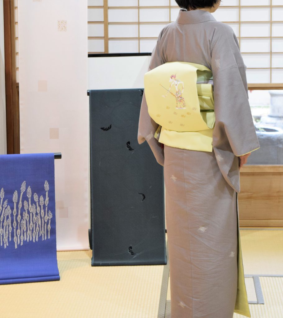 木綿 合わせ波 通し裏 別染め 袷仕立て 塩瀬の染帯 ジャワ影絵 今小路 あま宮