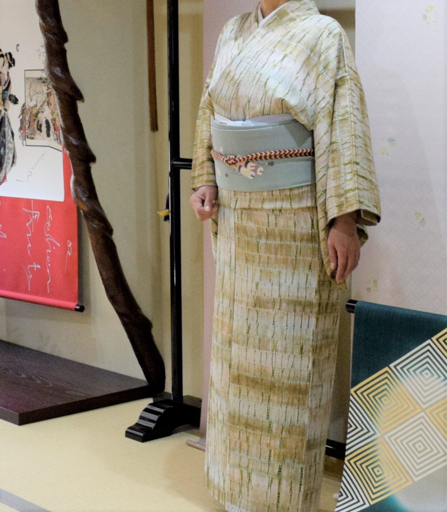 小紋 杢目竜巻 染め紬 縮緬名古屋帯 染帯 宝袋 卯月の着物