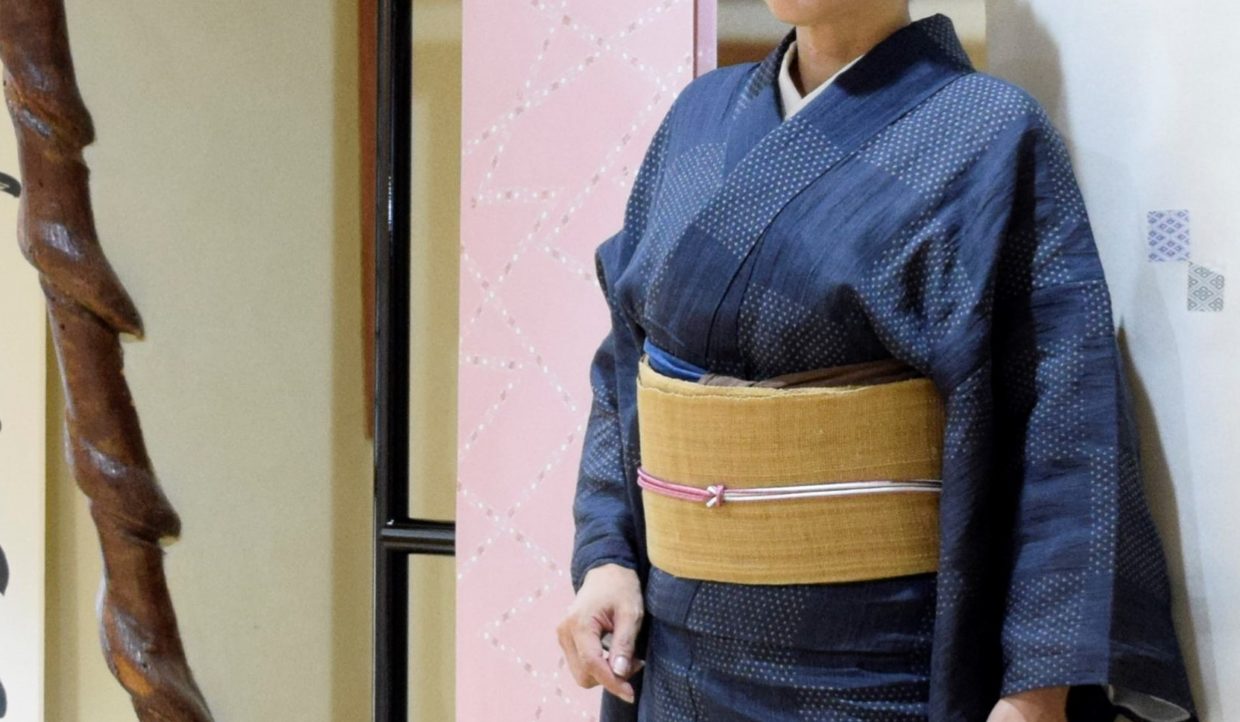 小千谷縮　マンガン絣　市松　自然布　しな布　今小路 あま宮　葉月のキモノ