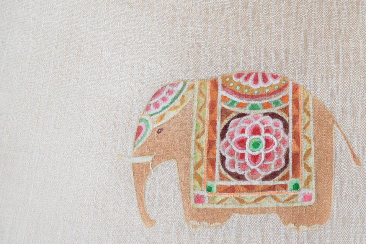 織の九寸名古屋帯　手織　草木染め　アクリル染料　飾り象　夢訪庵　今小路 あま宮　