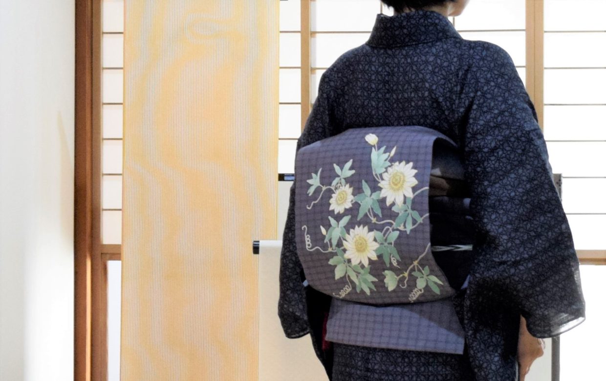 宮古上布　琉球藍　七宝　夏帯　時計草　今小路 あま宮　長月のキモノ