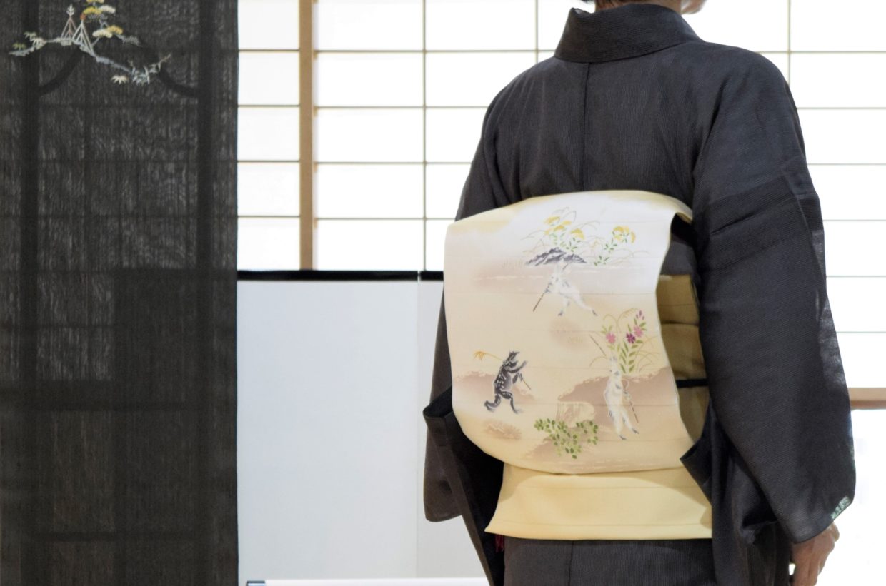 明石縮　夏着物　縞　段絽塩瀬　染の九寸名古屋帯　染替え　鳥獣戯画　今小路 あま宮　長月のキモノ