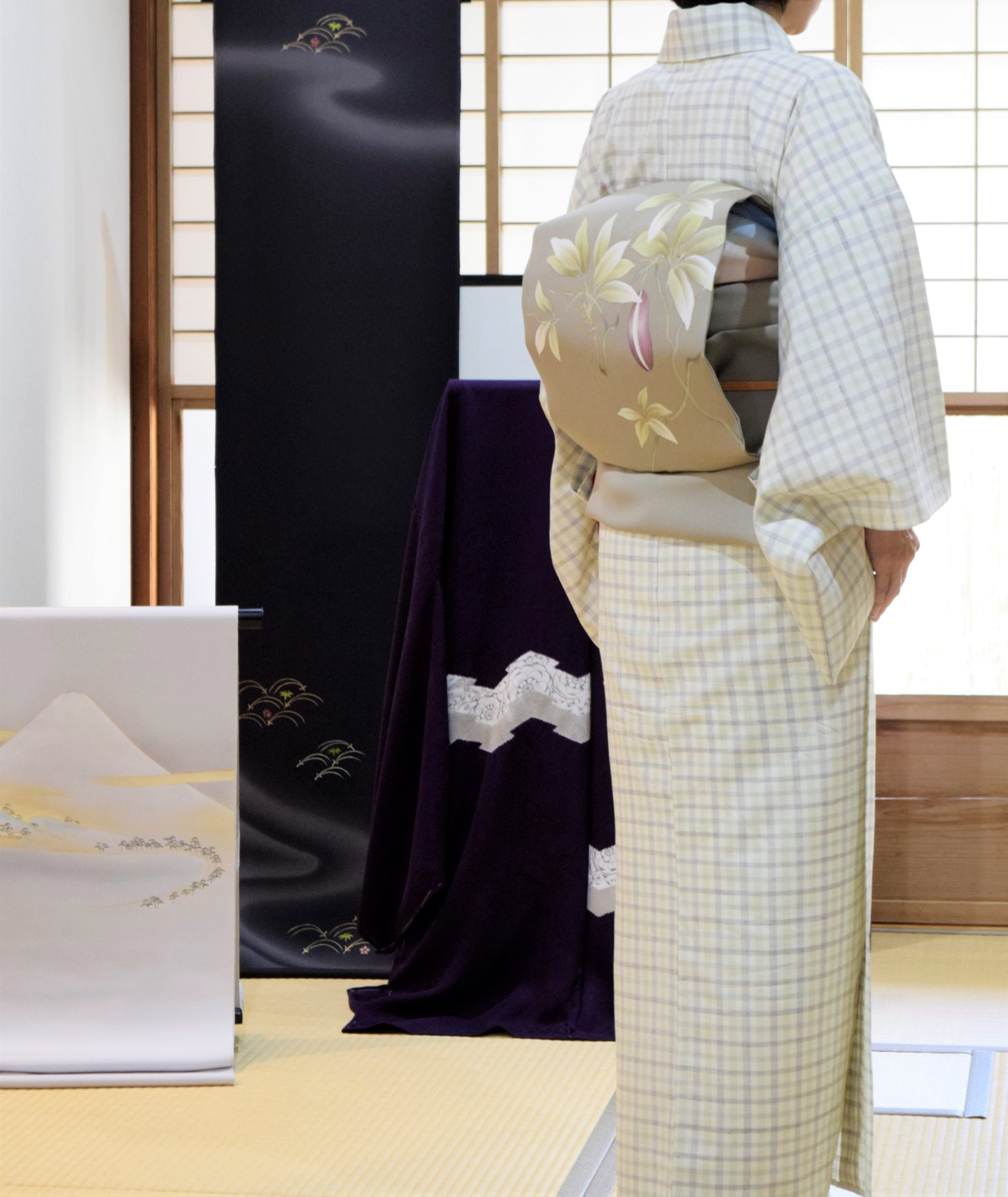 単衣 縮士乎路 多色縞格子 塩瀬の染帯 あけび アケビ 今小路 あま宮 神無月のキモノ