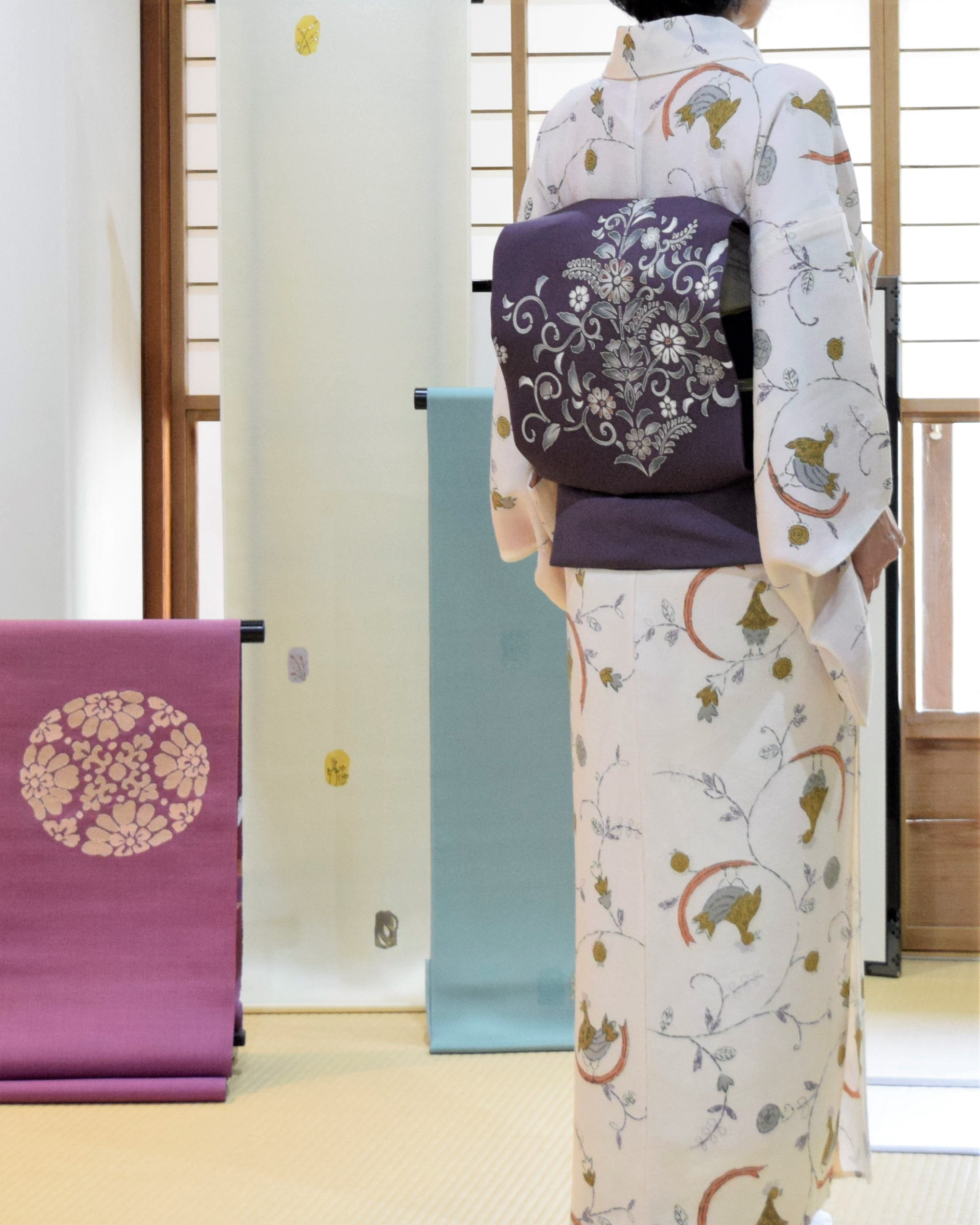 単衣 小紋 鬼シボ縮緬 欧風更紗 染めの九寸名古屋帯 更紗 今小路 あま宮 神無月のキモノ