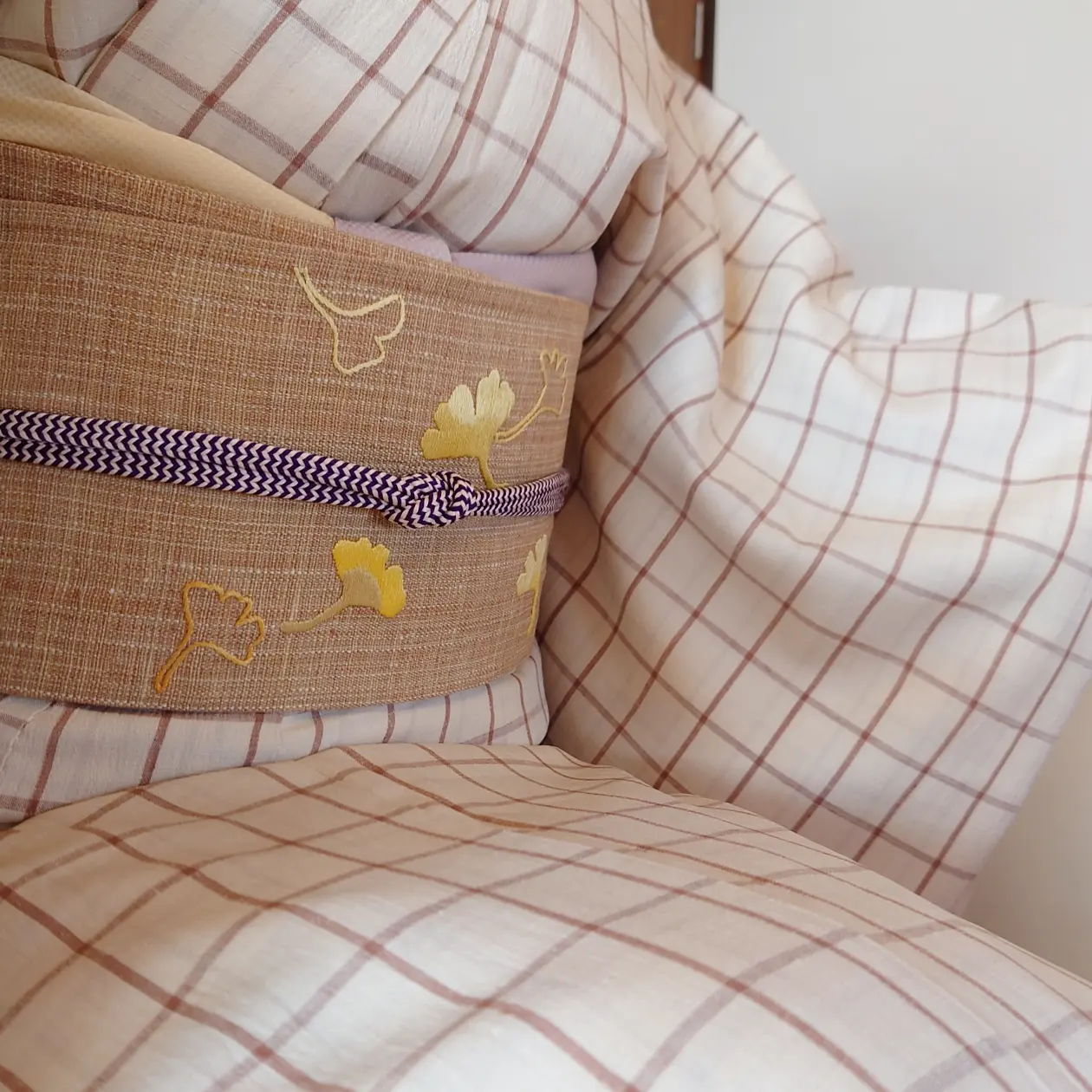 本場結城縮 地機 影重ね格子 織の九寸名古屋帯 季節の織帯 手織 刺繍 クリキュラ 銀杏 今小路 あま宮 神無月のキモノ