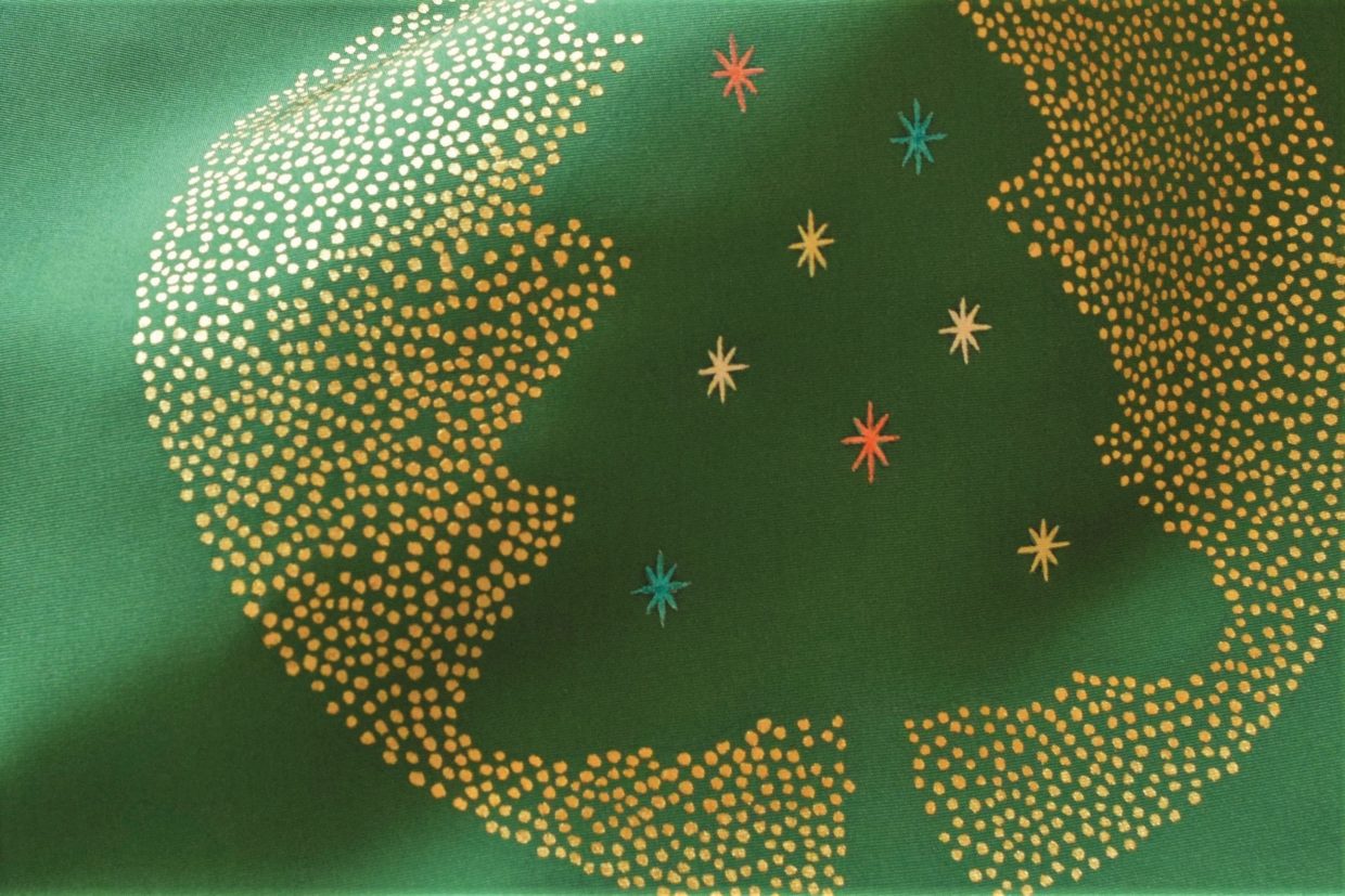 塩瀬　染の九寸名古屋帯　季節の染帯　クリスマス　クリスマスツリー　今小路 あま宮　