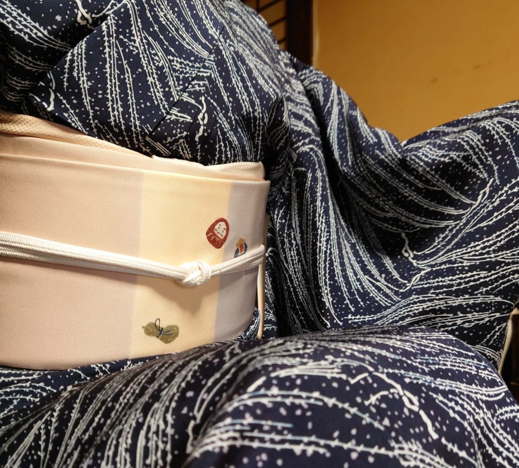 小紋　吹雪に柳　真糊　伊勢型小紋　塩瀬の染帯　刺繍　福笹　今小路 あま宮　えべっさんの着物　お手伝いキモノ　睦月のキモノ