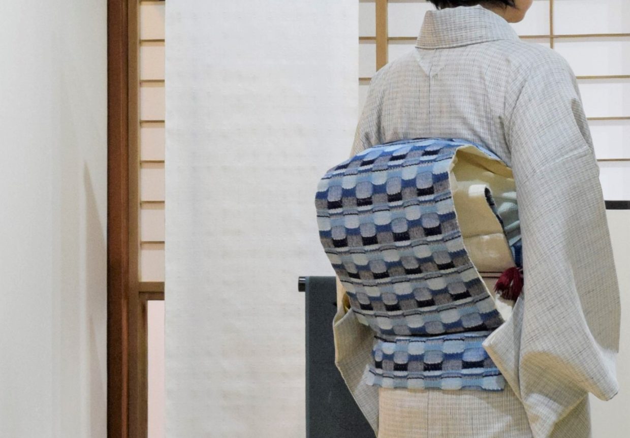 本場結城紬　正藍格子　地機　手織　木綿の帯　出西織　多々納桂子　今小路 あま宮　睦月のキモノ