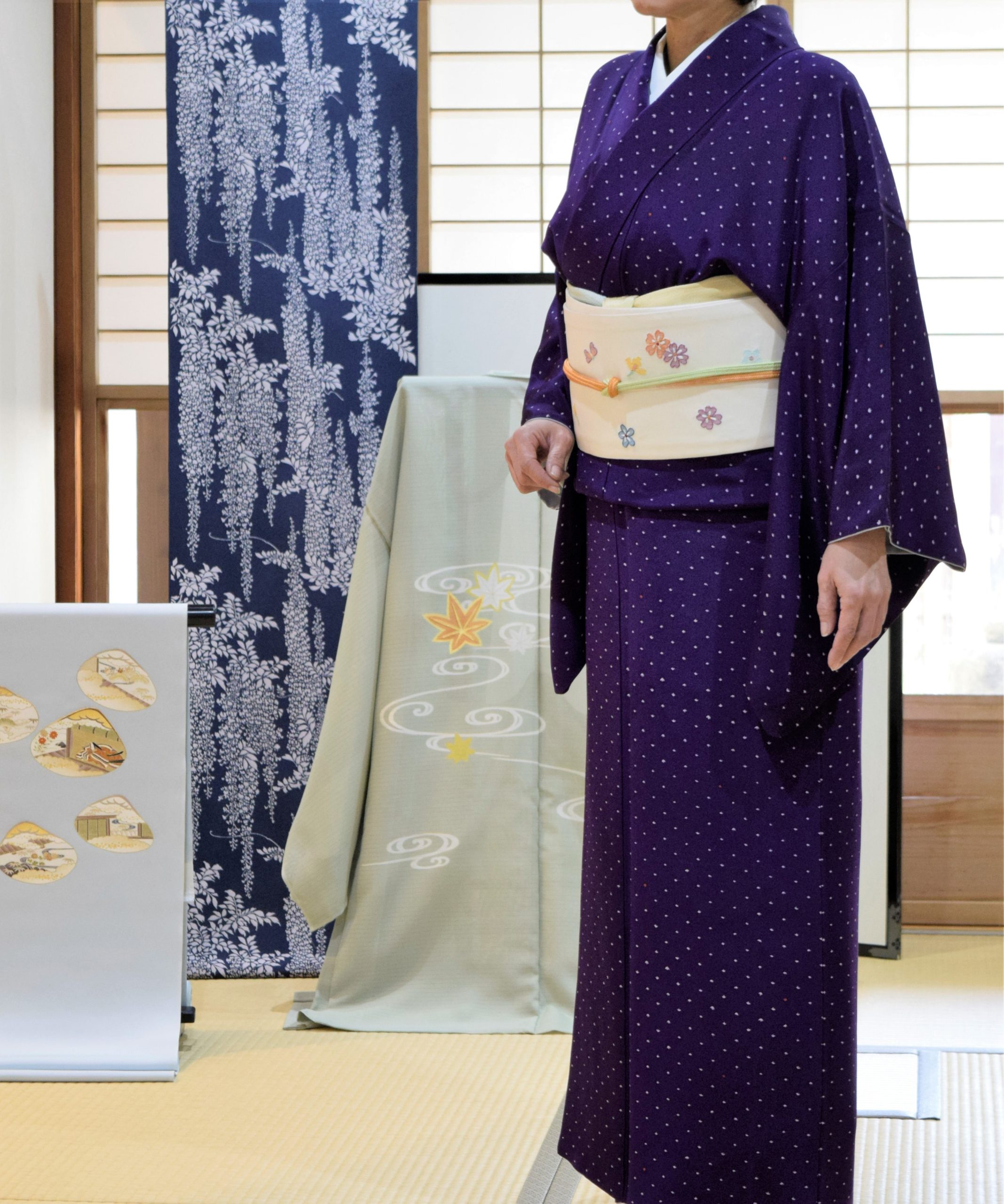 小紋 三枚笹 伊勢型 真糊 二枚型 織の九寸名古屋帯 手織 草木染め 刺繍 夢訪庵 天平美人図 今小路 あま宮 如月のキモノ