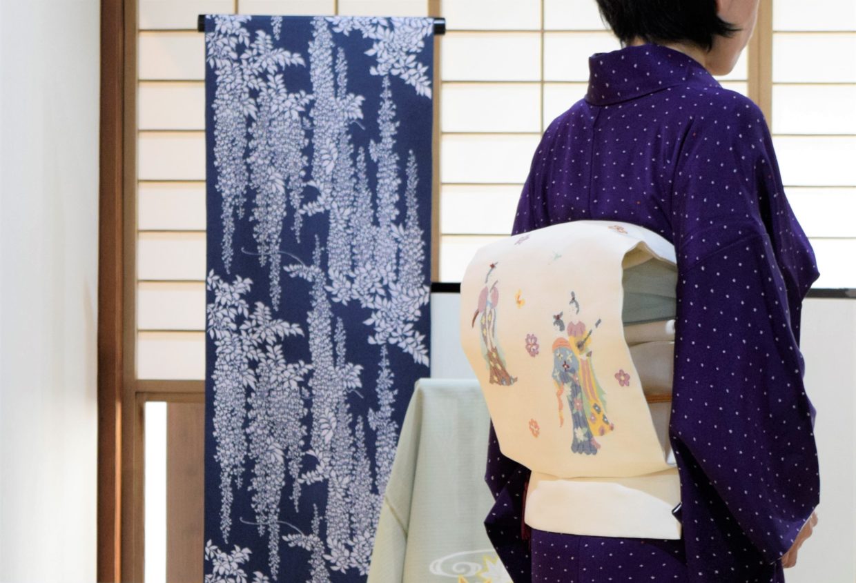 小紋　三枚笹　伊勢型　真糊　二枚型　織の九寸名古屋帯　手織　草木染め　刺繍　夢訪庵　天平美人図　今小路 あま宮　如月のキモノ