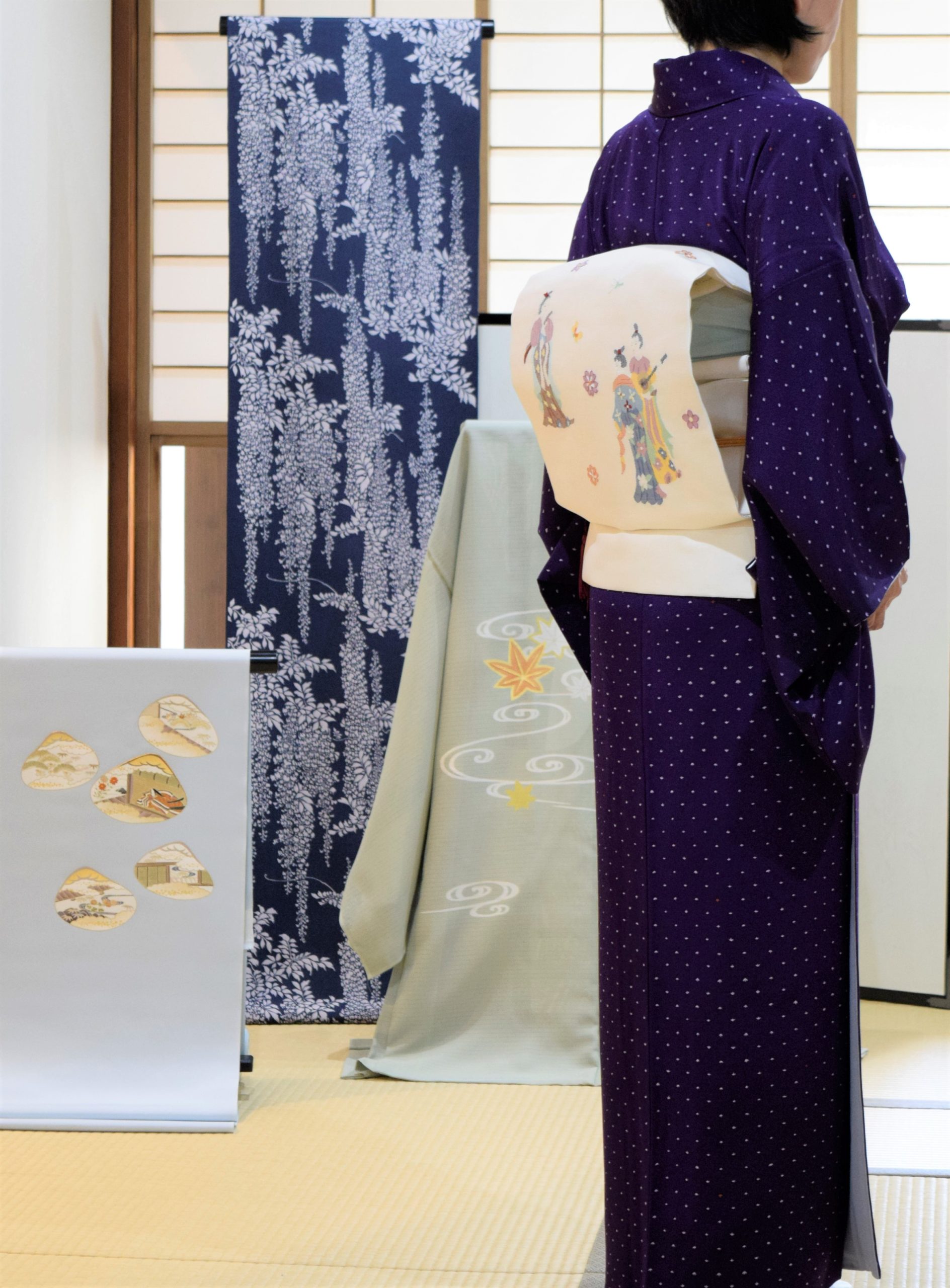 小紋 三枚笹 伊勢型 真糊 二枚型 織の九寸名古屋帯 手織 草木染め 刺繍 夢訪庵 天平美人図 今小路 あま宮 如月のキモノ