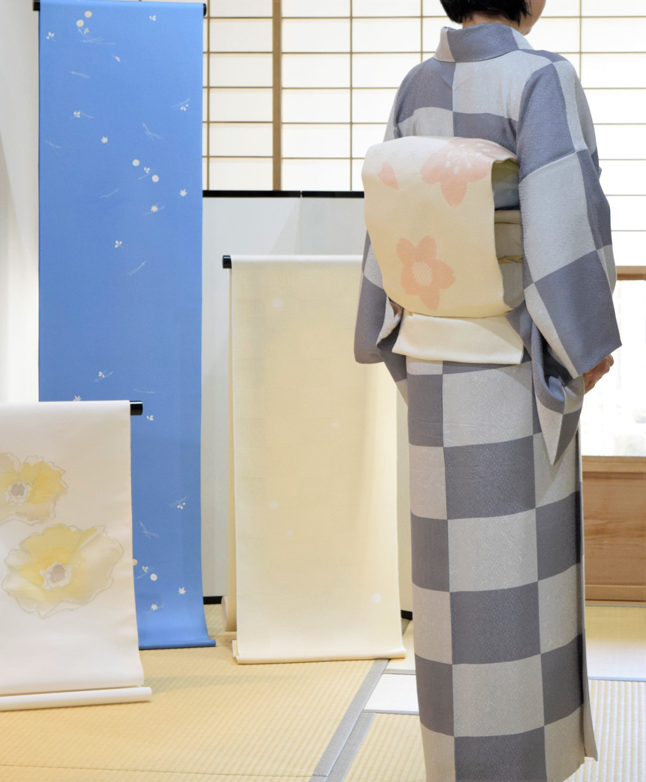 小紋 二釜市松 鳳凰丸文 ロウケツ染め 染の九寸名古屋帯 季節の染帯 絞り 桜 今小路 あま宮 弥生のキモノ