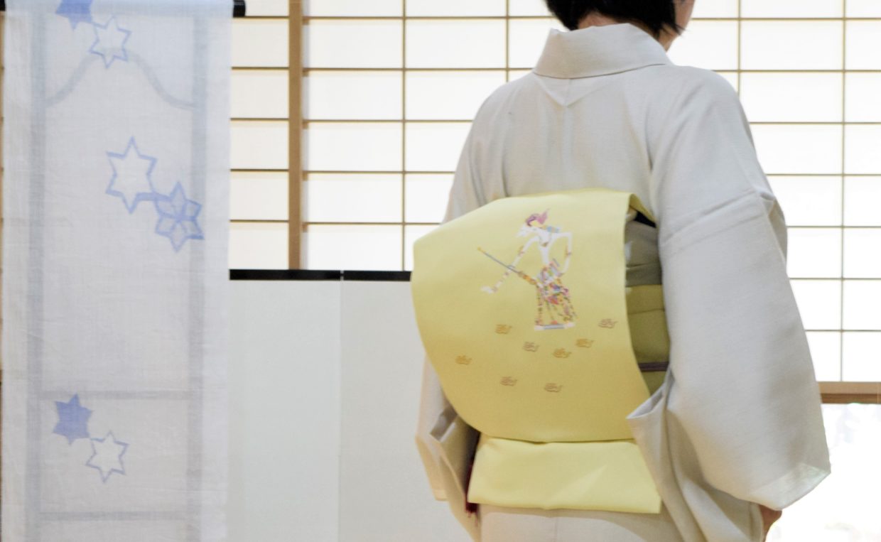 下井紬　単衣　無地　塩瀬の染帯　ジャワ影絵　今小路 あま宮　皐月のキモノ