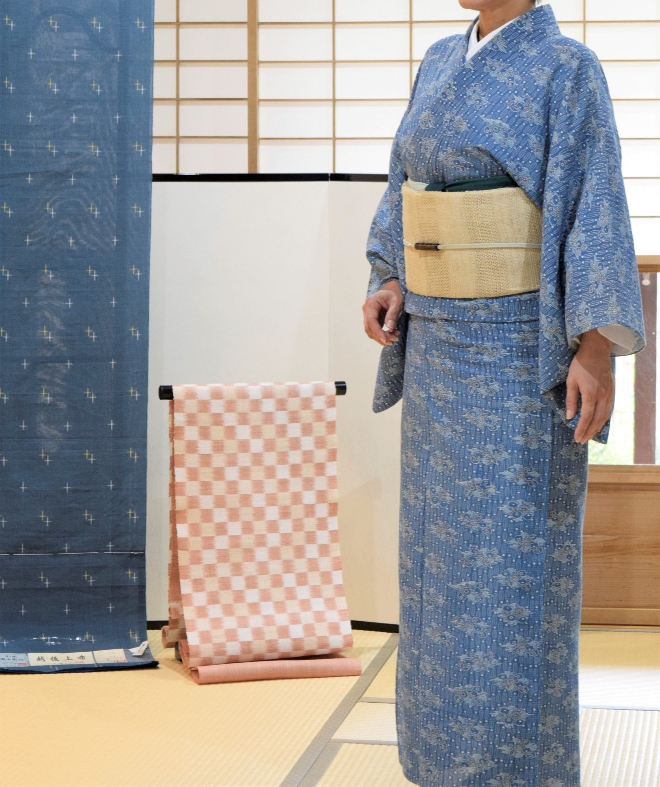 単衣 絹紅梅 木賊縞に菊 自然布 藤布 今小路 あま宮 水無月のキモノ