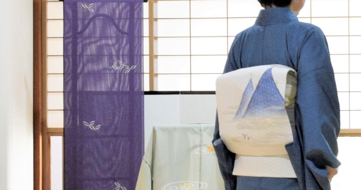 単衣　塩沢お召　蚊絣　夏帯　梯子絽　網干　今小路 あま宮　水無月のキモノ