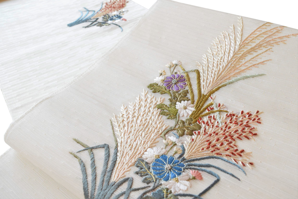 夏の九寸名古屋帯　秋景　手織　刺繍　今立和紙　折り返し地　夢訪庵　今小路 あま宮　