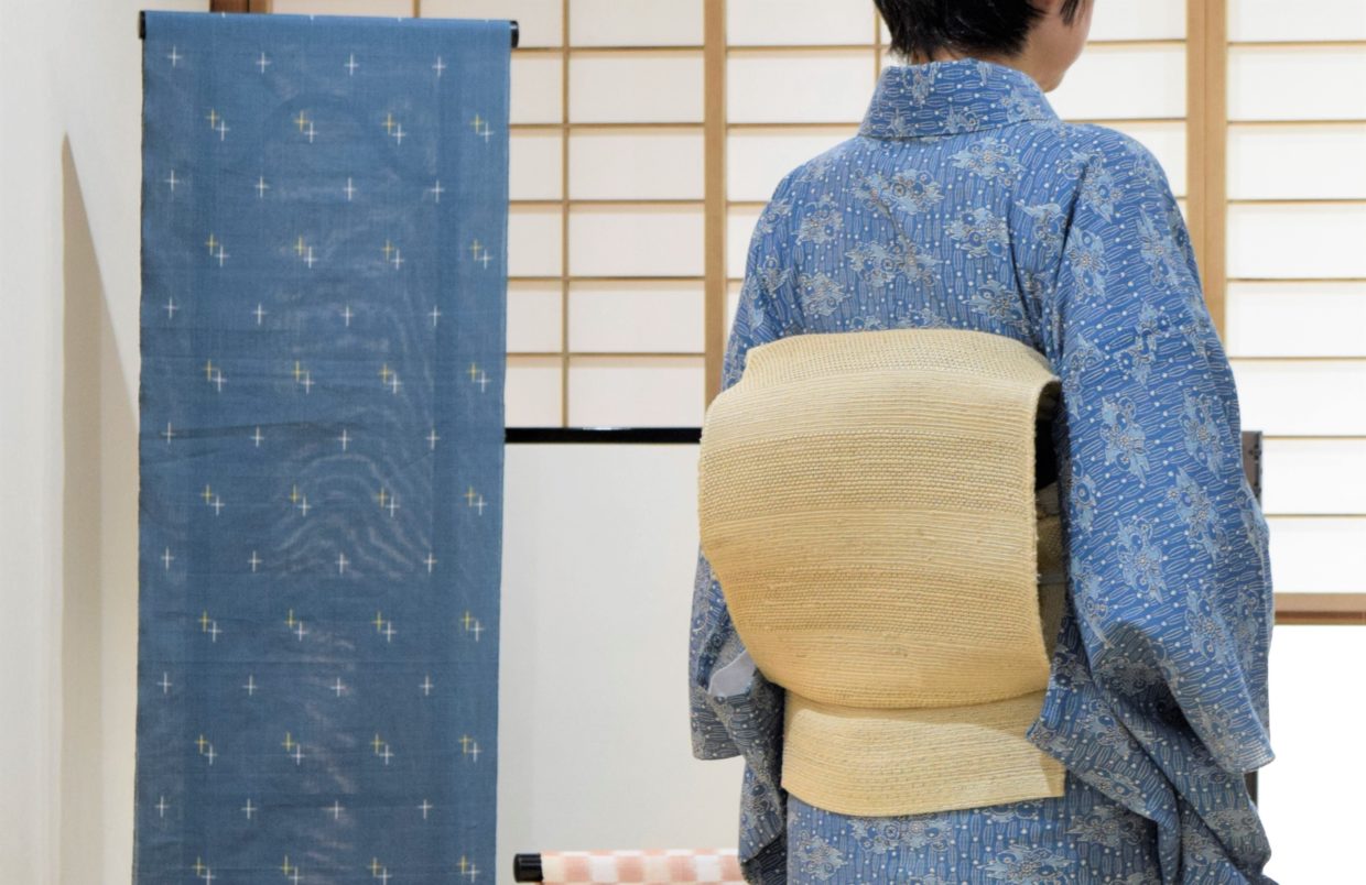 単衣　絹紅梅　木賊縞に菊　自然布　藤布　今小路 あま宮　水無月のキモノ