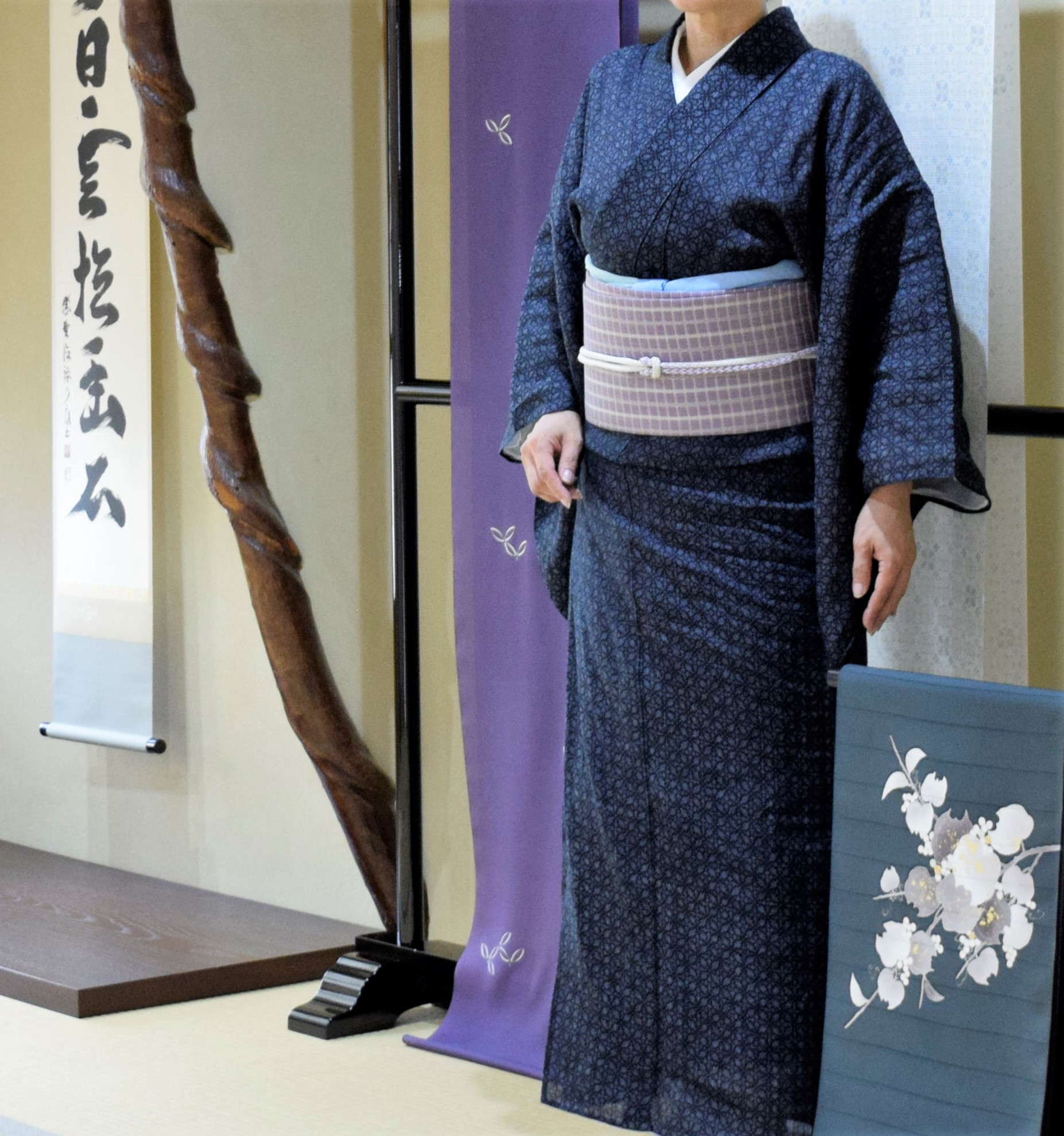 宮古上布　麻　絣　琉球藍　七宝　夏帯　間道　今小路 あま宮　文月のキモノ