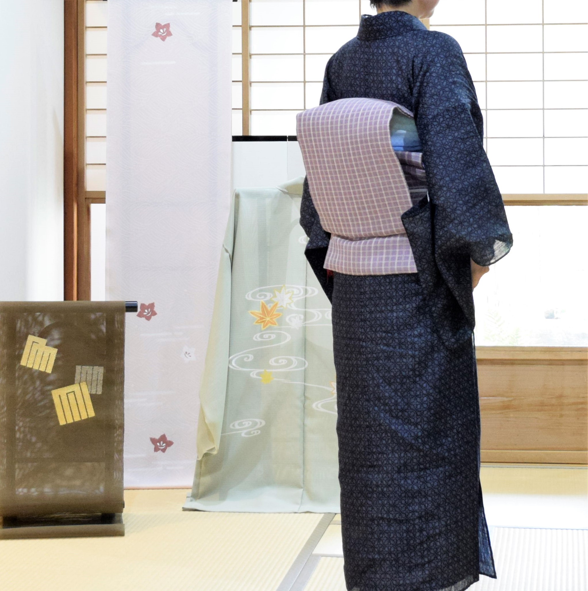 宮古上布　麻　絣　琉球藍　七宝　夏帯　間道　今小路 あま宮　文月のキモノ