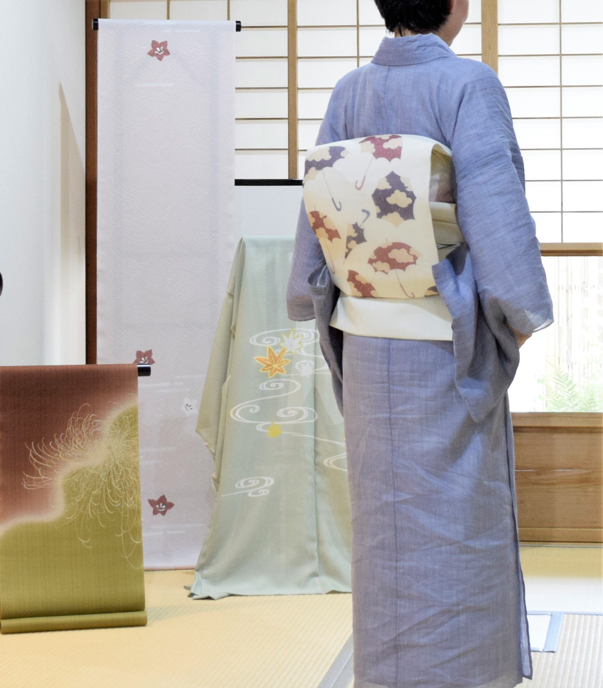 夏帯 紗紬 ロウケツ アンブレラ 小千谷縮 矢羽根縞 今小路 あま宮 文月のキモノ