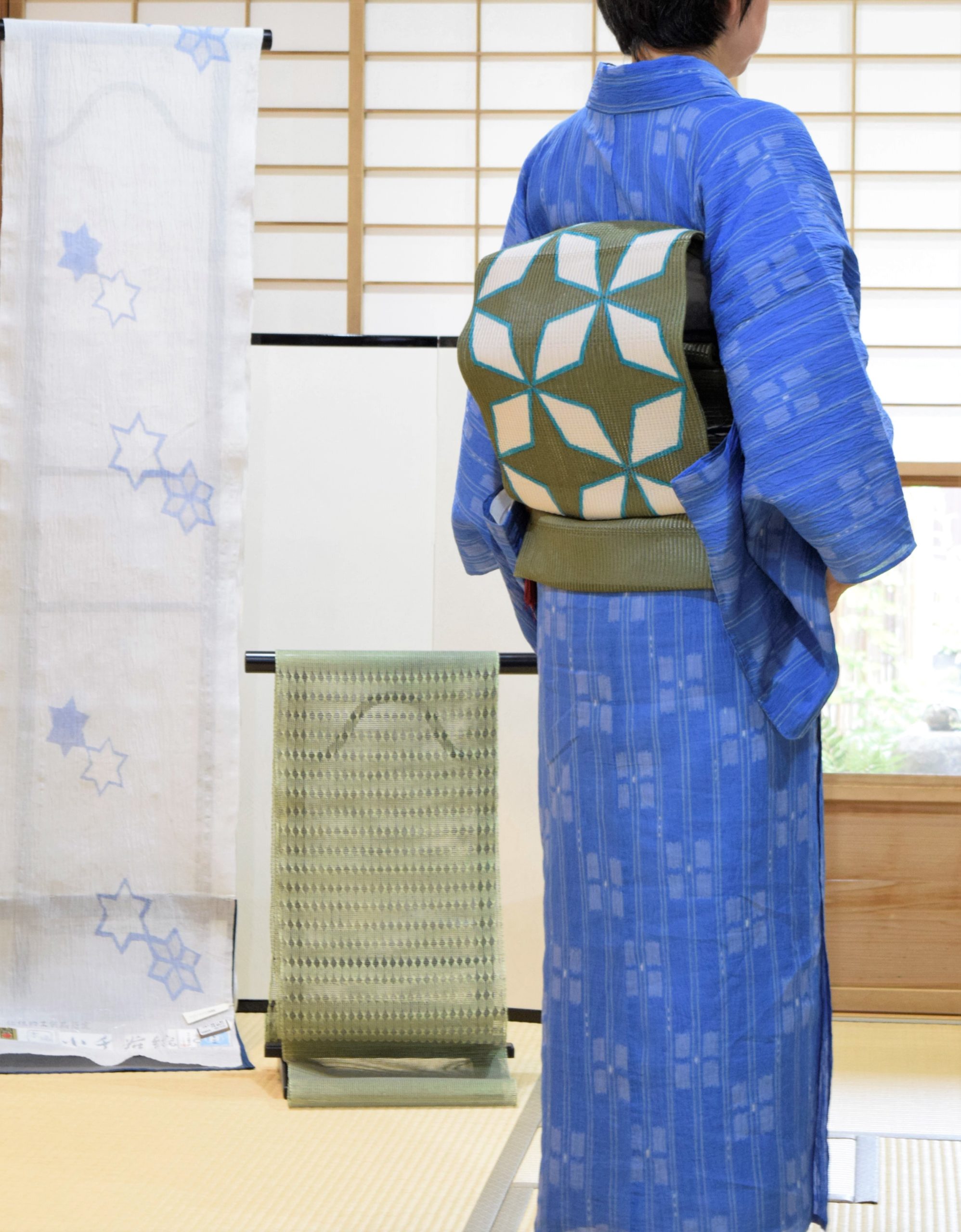 小千谷縮 青 紫陽花 夏帯 破れ麻の葉 ロウケツ 今小路 あま宮 文月のキモノ