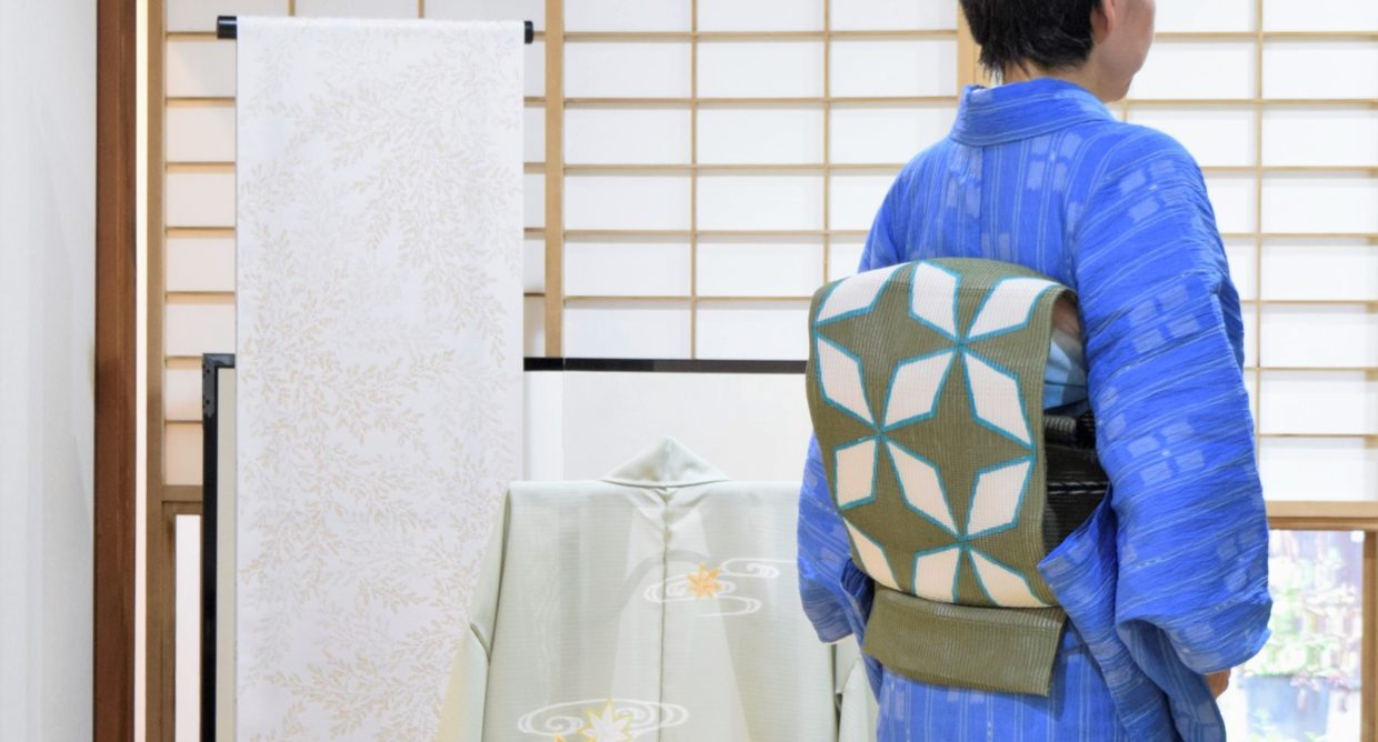 小千谷縮　紫陽花　竪絣　夏帯　ロウケツ　麻の葉　今小路 あま宮　葉月のキモノ