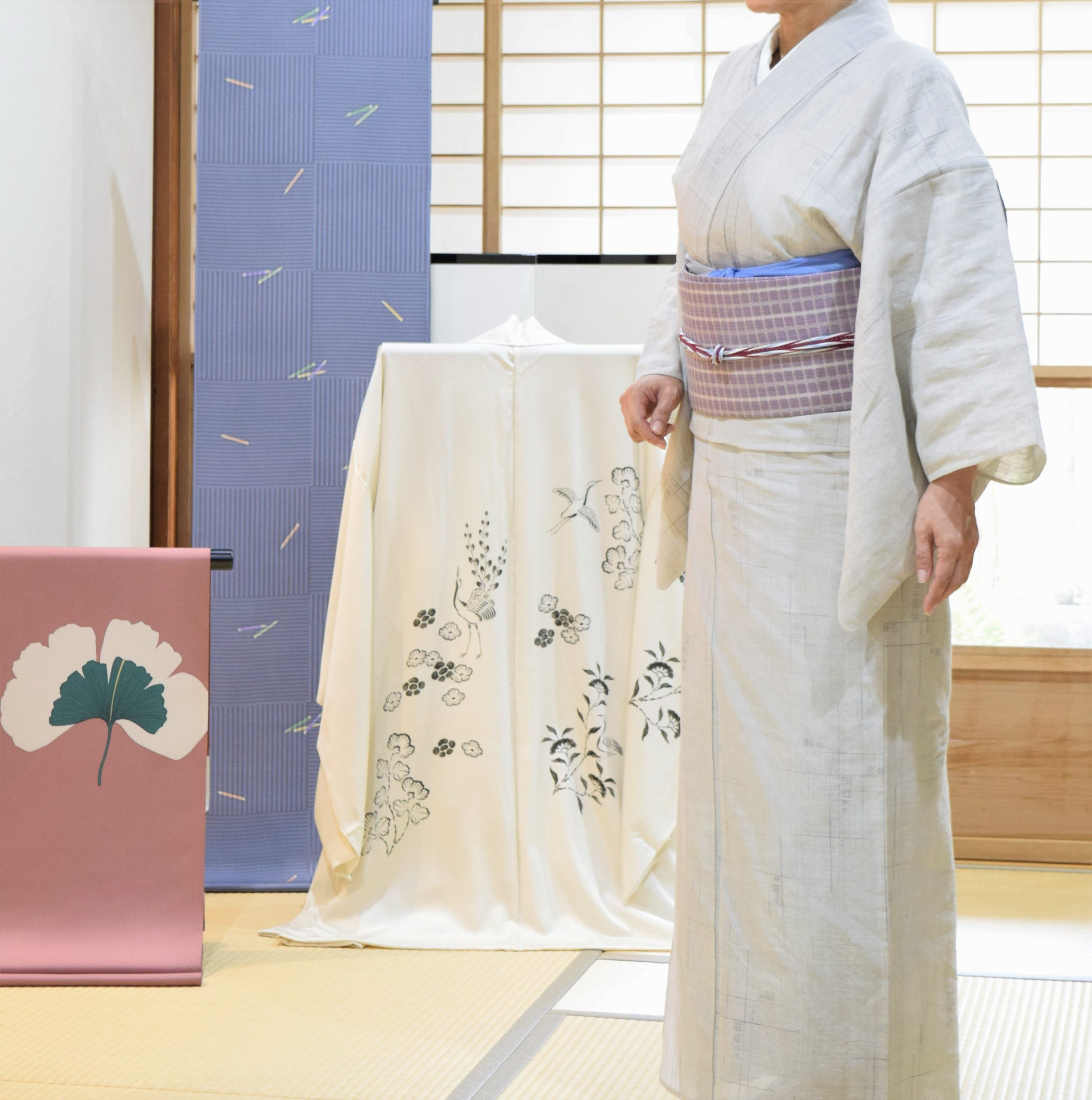 夏結城 地機 飛び絣 絹麻キモノ 夏帯 間道 今小路 あま宮 長月のキモノ