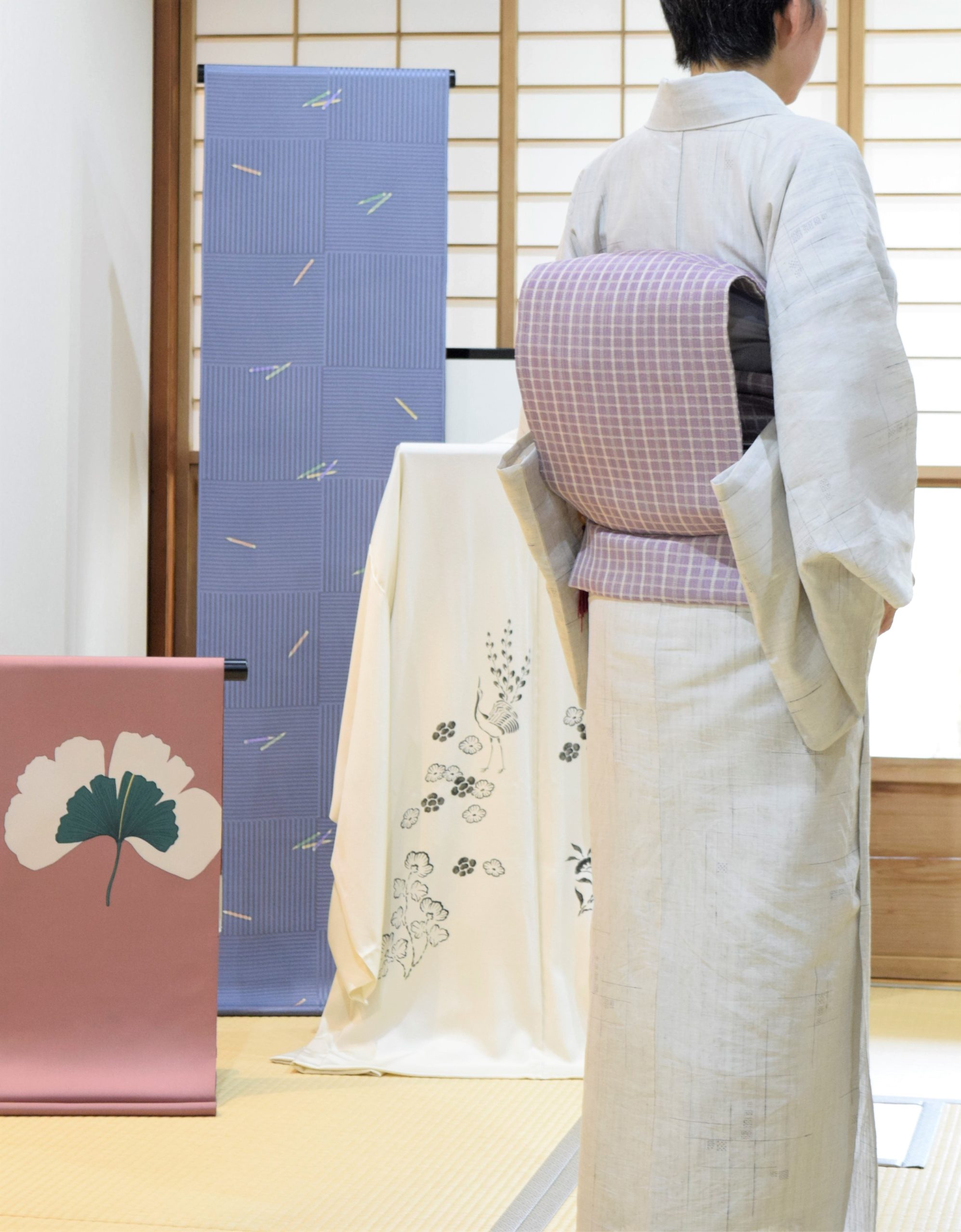 夏結城 地機 飛び絣 絹麻キモノ 夏帯 間道 今小路 あま宮 長月のキモノ