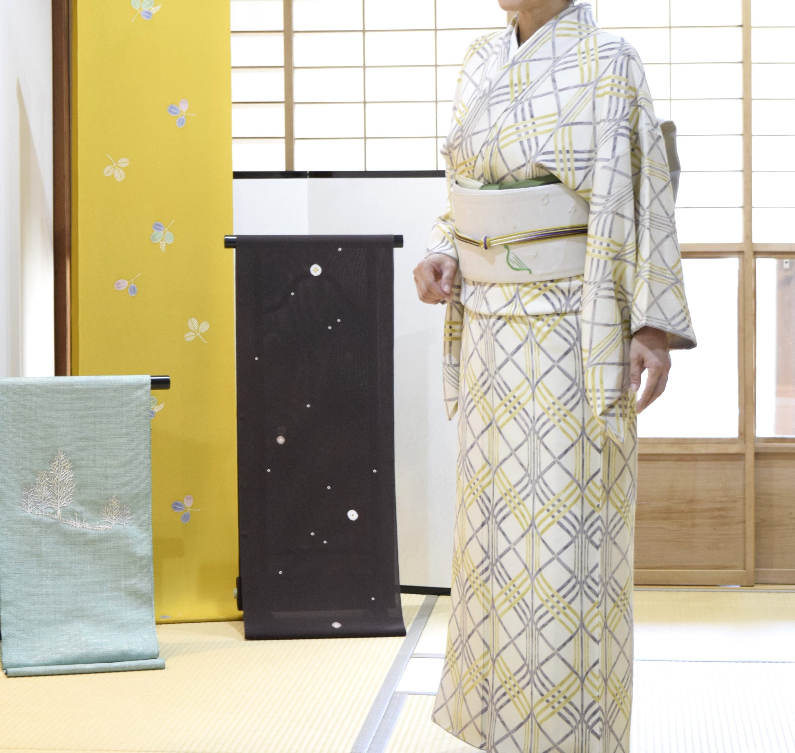 小紋 立枠 織の九寸名古屋帯 手織 草木染め 刺繍 夢訪庵 天使とハープ 今小路 あま宮 神無月のキモノ