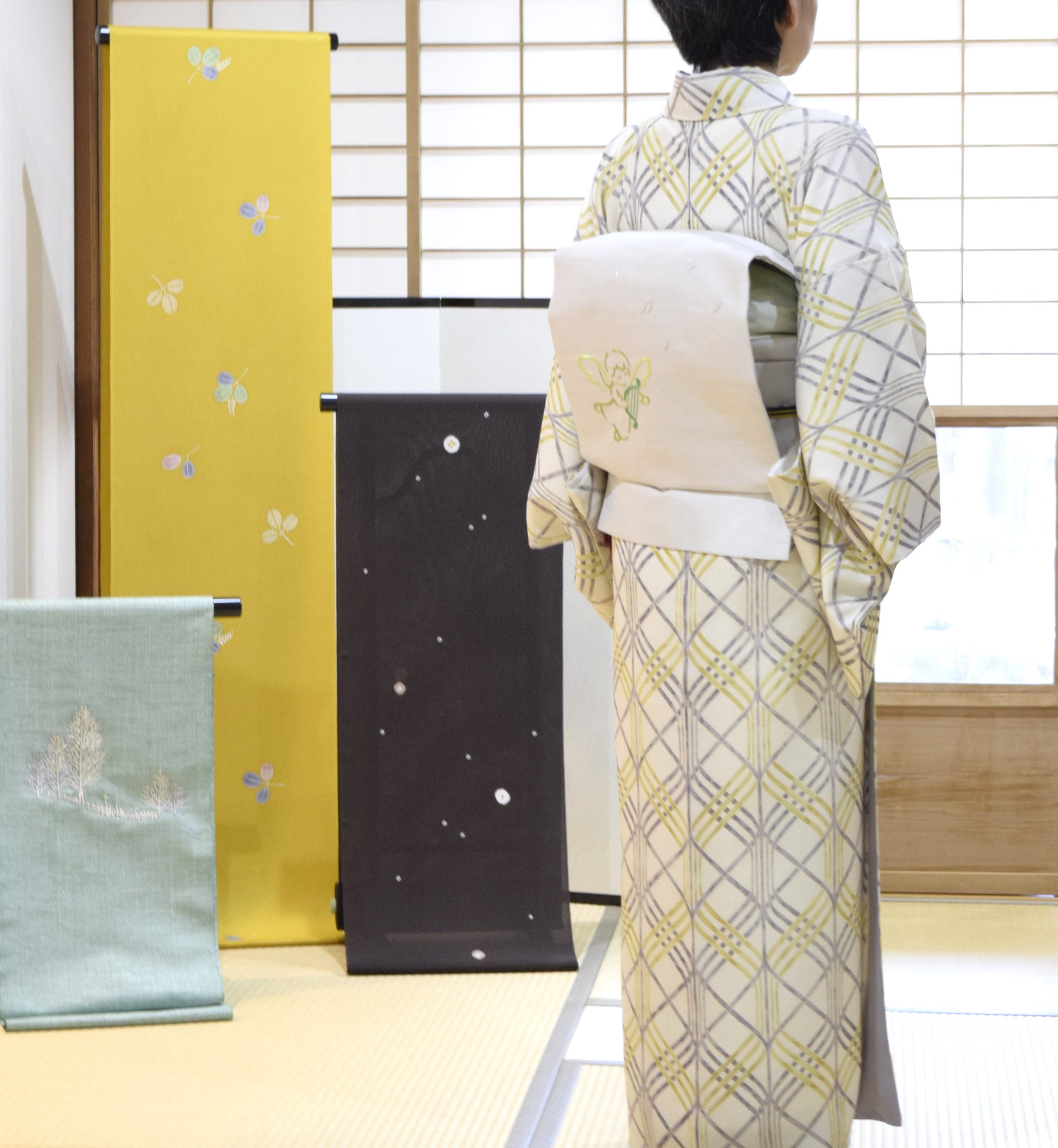 小紋 立枠 織の九寸名古屋帯 手織 草木染め 刺繍 夢訪庵 天使とハープ 今小路 あま宮 神無月のキモノ