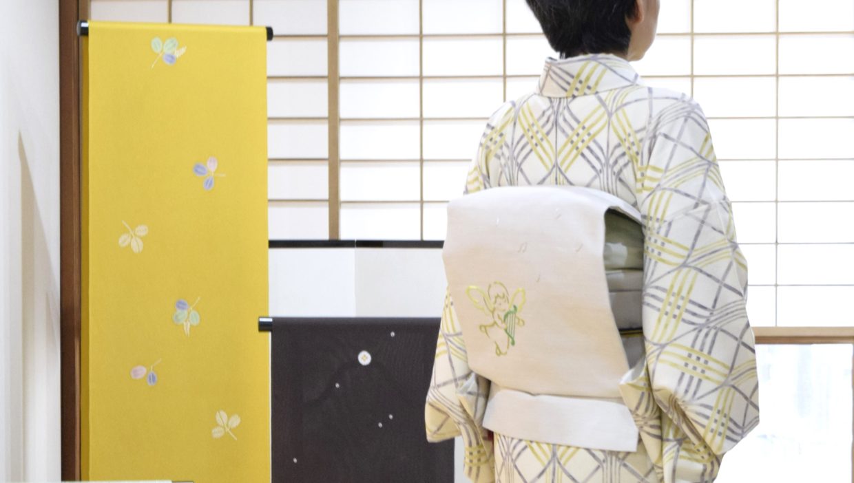 小紋　立枠　織の九寸名古屋帯　手織　草木染め　刺繍　夢訪庵　天使とハープ　今小路 あま宮　神無月のキモノ